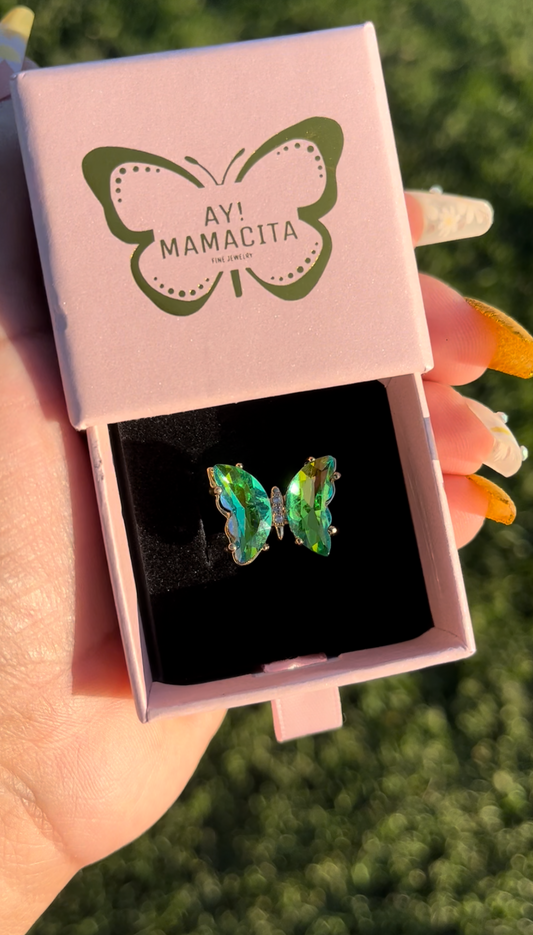 Green Holographic Glass Butterfly Ring