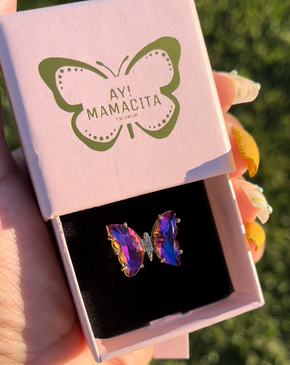 Dark Purple Holographic Glass Butterfly Ring