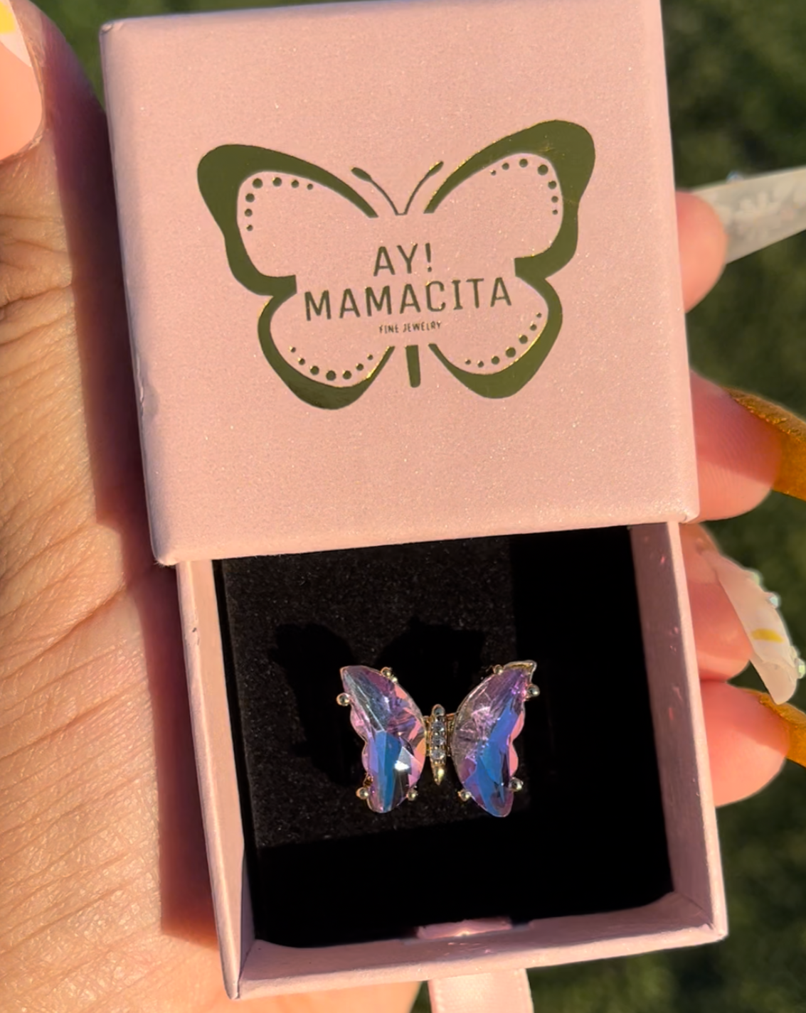 Pink-Blue Glass Butterfly Ring