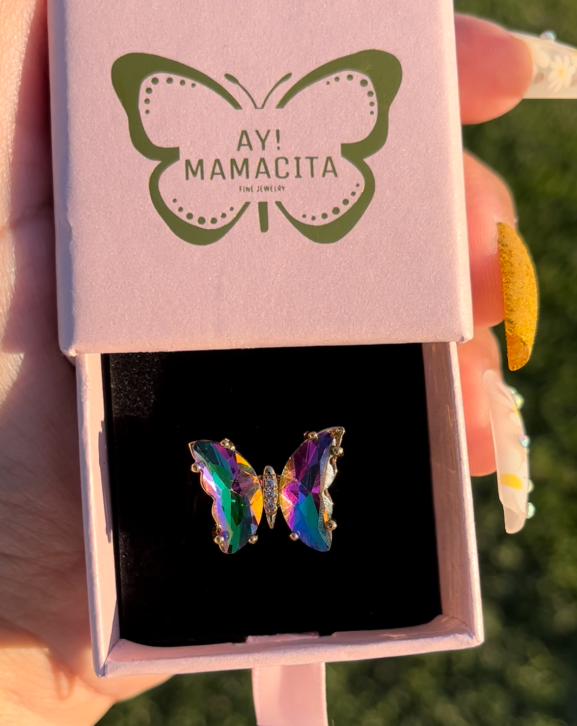 Rainbow Glass Butterfly Ring