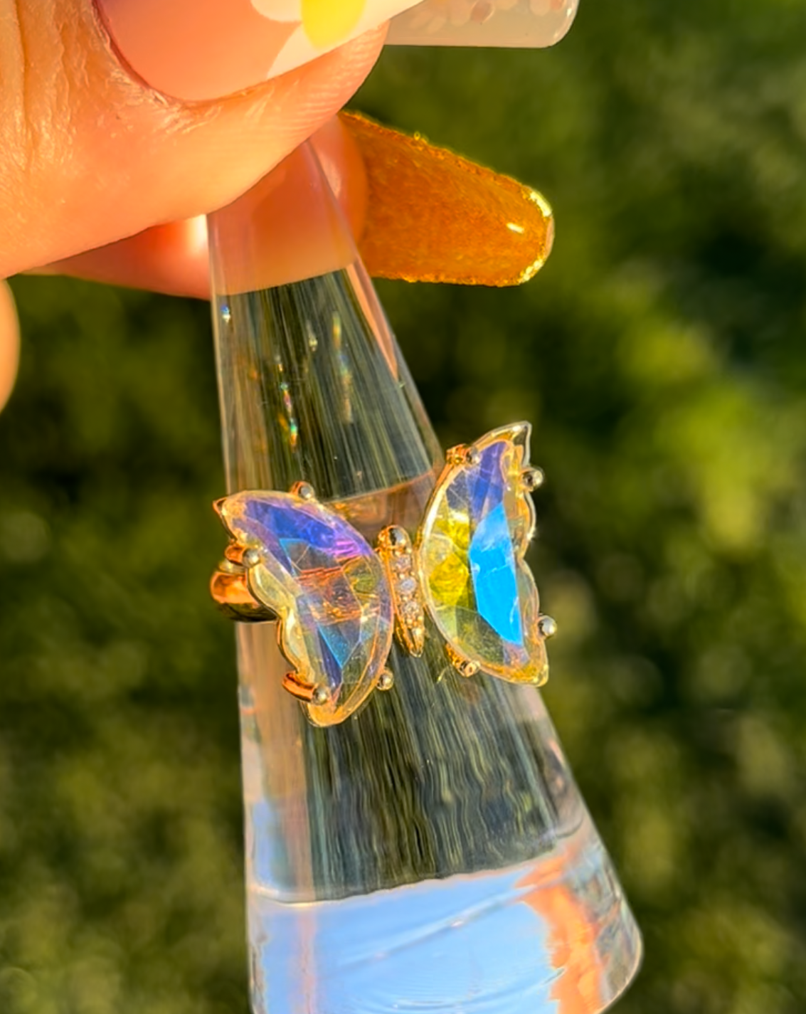 Clear Iridescent Glass Butterfly Ring