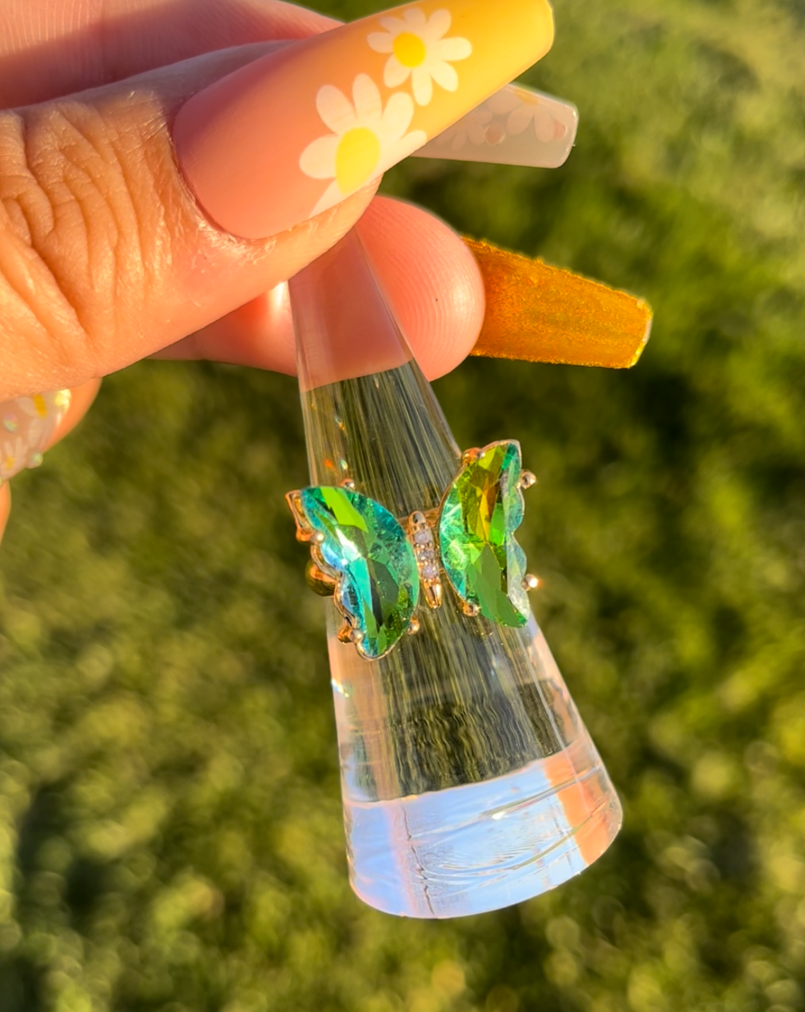 Green Holographic Glass Butterfly Ring